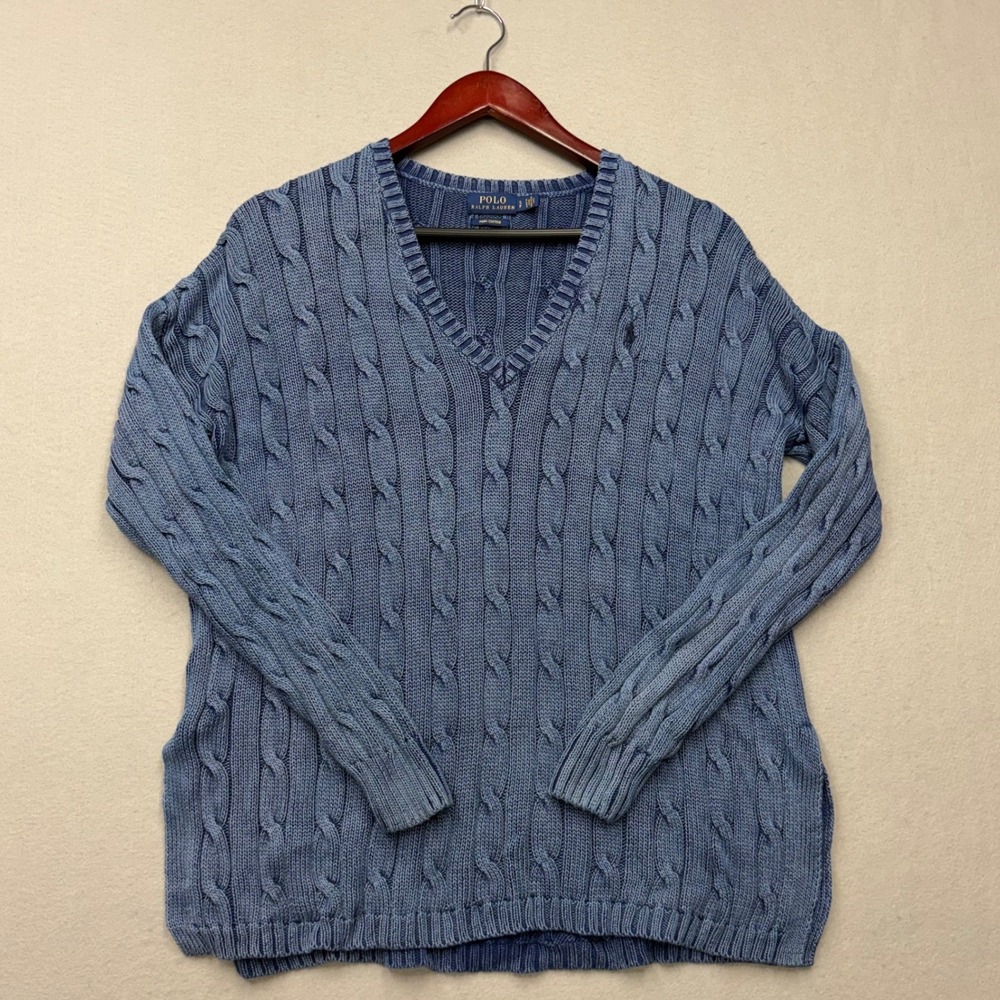 Polo Ralph Lauren Sweater Womens SP Blue Cable Knit Pima Cotton V-Neck Pullover